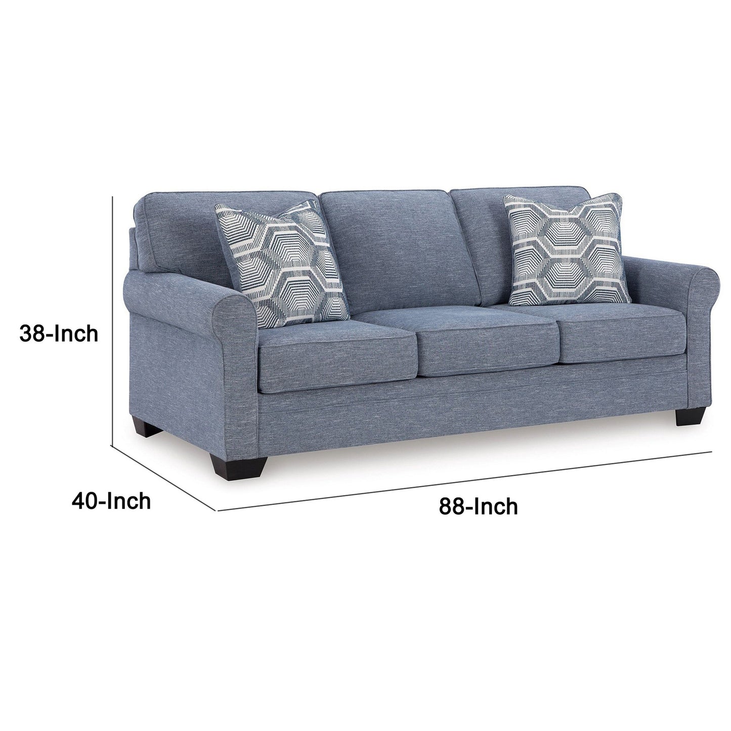 Sano Queen Sofa Sleeper, Blue Polyester, 2 Accent Pillows, 88 Inch