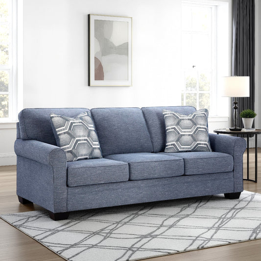 Sano Queen Sofa Sleeper, Blue Polyester, 2 Accent Pillows, 88 Inch