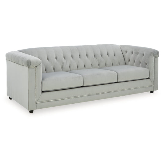 Sanoi Sofa, 92 Inch Button Tufted Soft Gray Velvet, Nailhead Trims