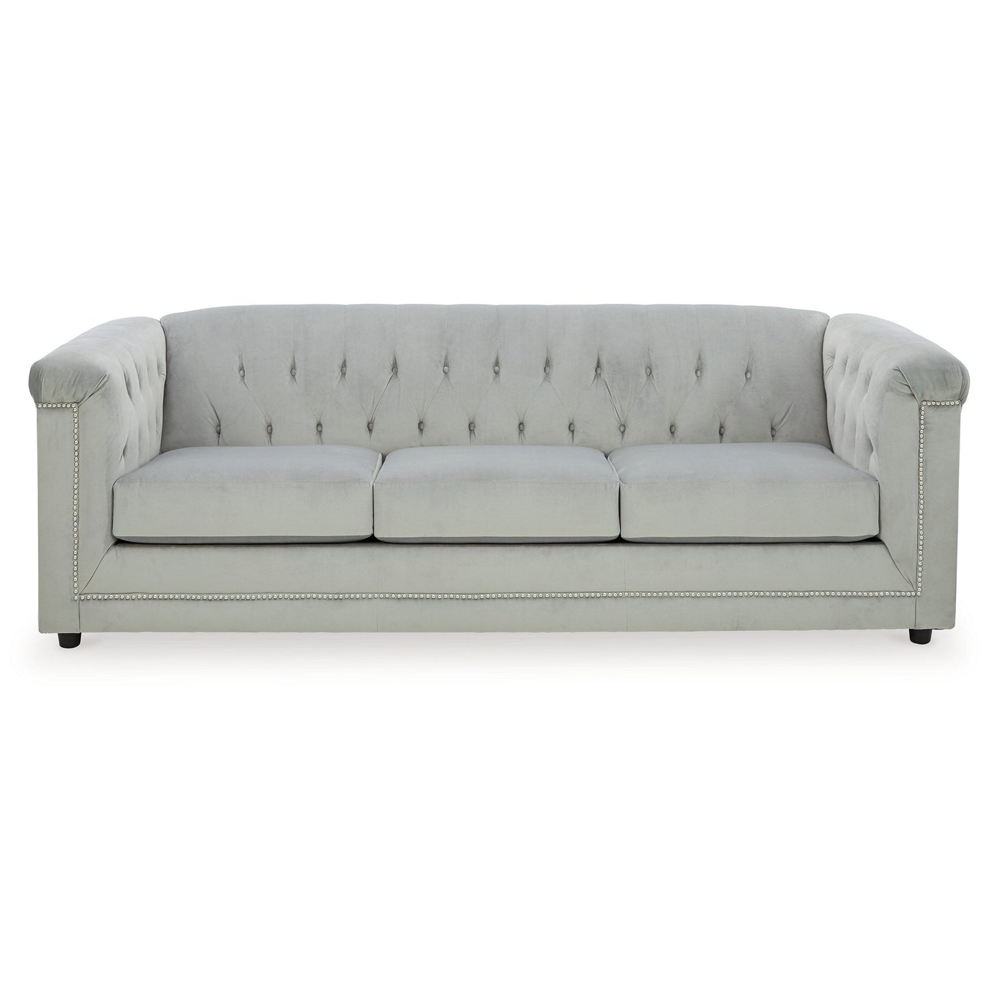 Sanoi Sofa, 92 Inch Button Tufted Soft Gray Velvet, Nailhead Trims