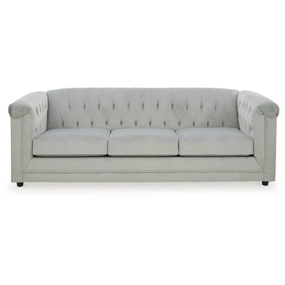 Sanoi Sofa, 92 Inch Button Tufted Soft Gray Velvet, Nailhead Trims