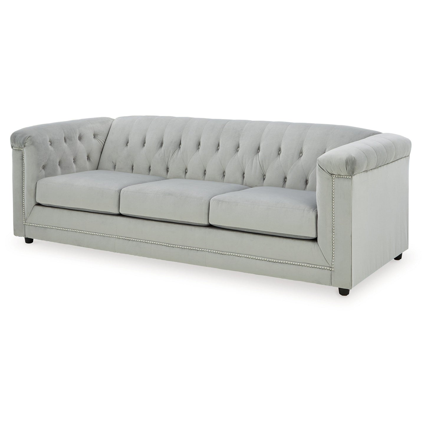 Sanoi Sofa, 92 Inch Button Tufted Soft Gray Velvet, Nailhead Trims