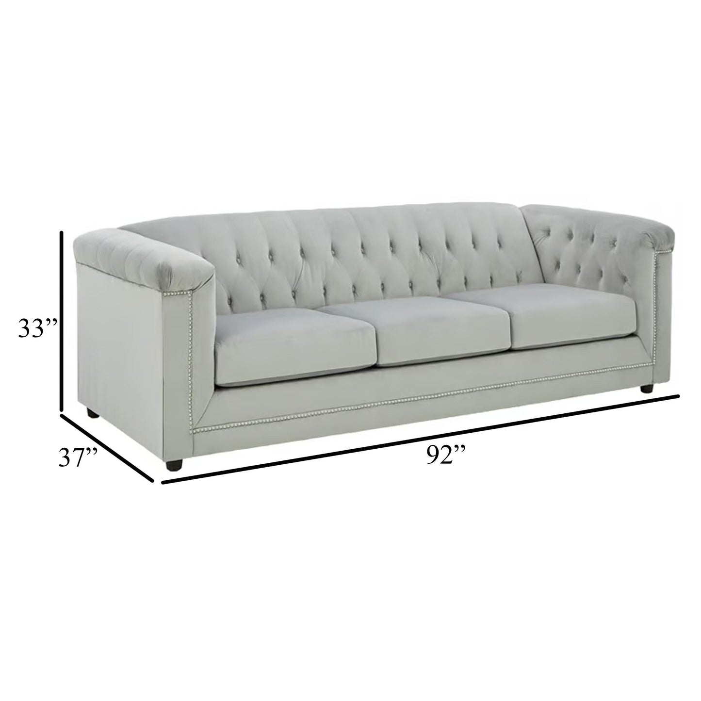 Sanoi Sofa, 92 Inch Button Tufted Soft Gray Velvet, Nailhead Trims