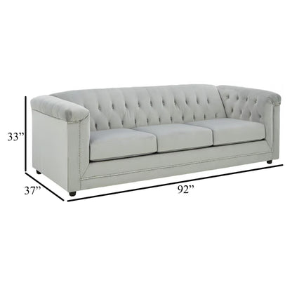 Sanoi Sofa, 92 Inch Button Tufted Soft Gray Velvet, Nailhead Trims