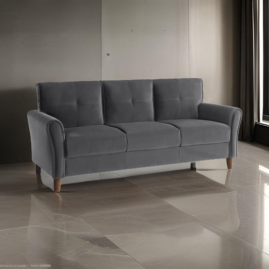Sarah 80 Inch Sofa, Gray Velvet, Stitch Tufting, Reversible Cushions