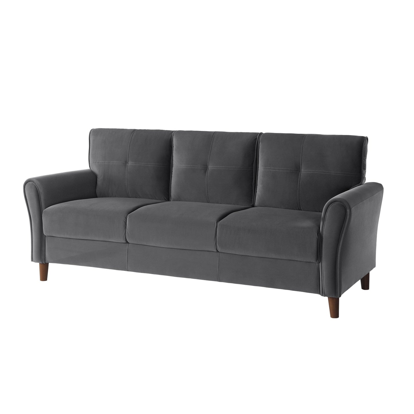Sarah 80 Inch Sofa, Gray Velvet, Stitch Tufting, Reversible Cushions