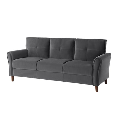Sarah 80 Inch Sofa, Gray Velvet, Stitch Tufting, Reversible Cushions