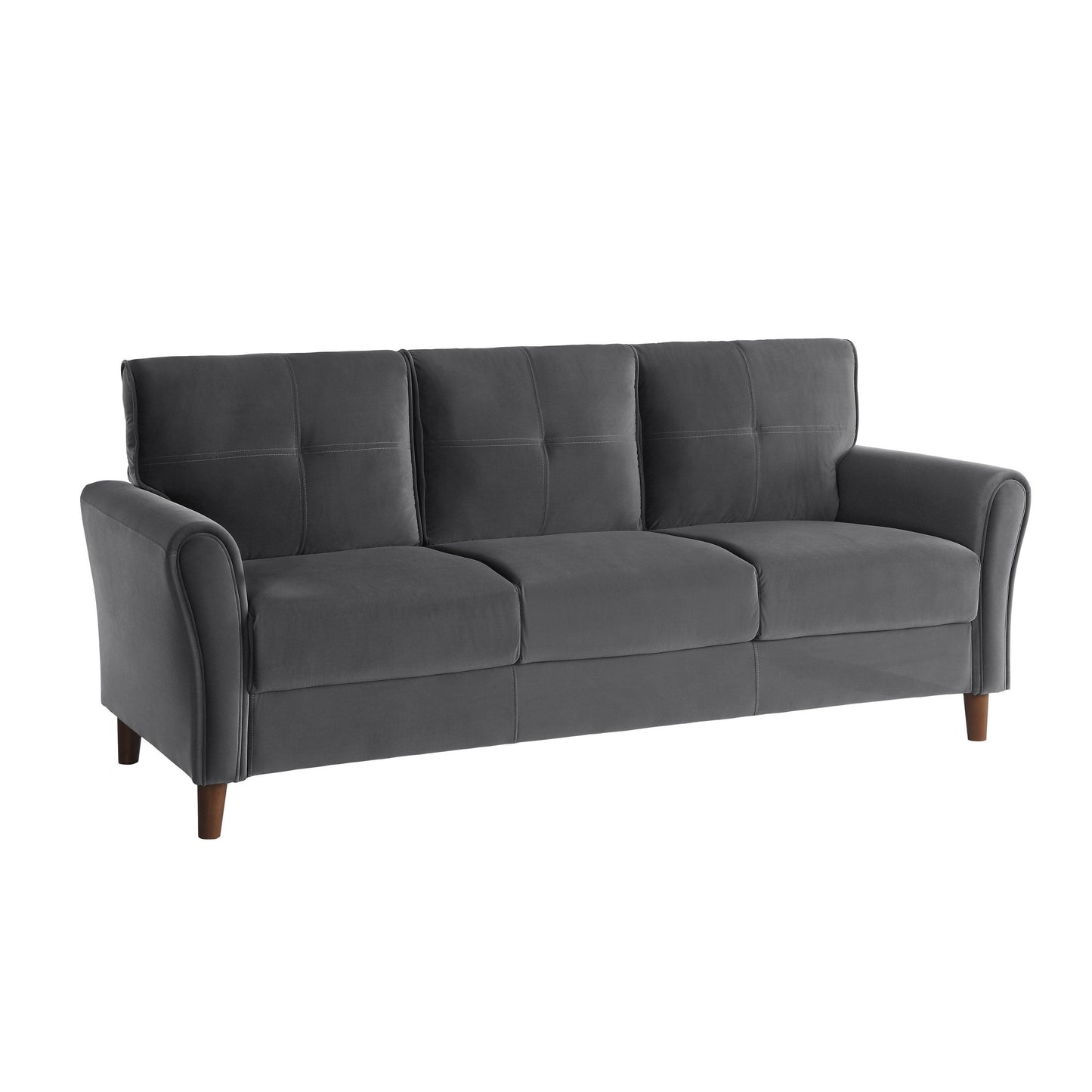 Sarah 80 Inch Sofa, Gray Velvet, Stitch Tufting, Reversible Cushions