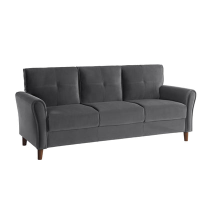 Sarah 80 Inch Sofa, Gray Velvet, Stitch Tufting, Reversible Cushions