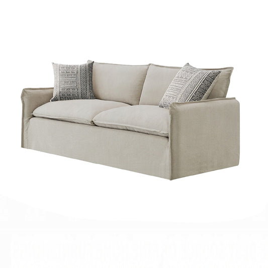 Savoir Sofa, 2 Accent Pillows, Contemporary Beige Linen Fabric 84 Inch