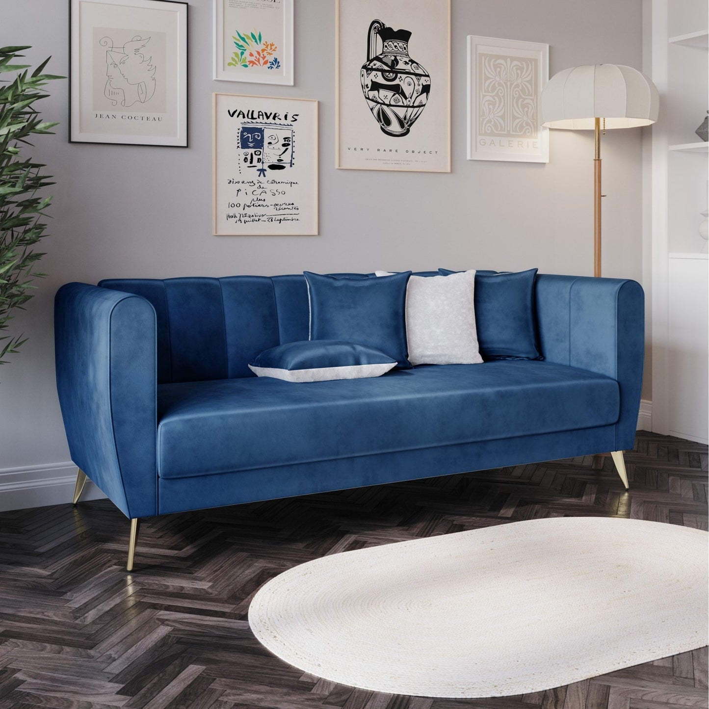 Scarlett Velvet Flared Arm 3-Seater Sofa with 4 Throw Pillow