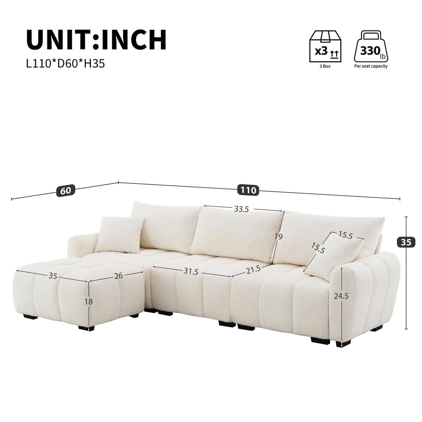 Sectional Sofa Movable Ottoman, High Density Foam, Free Combination