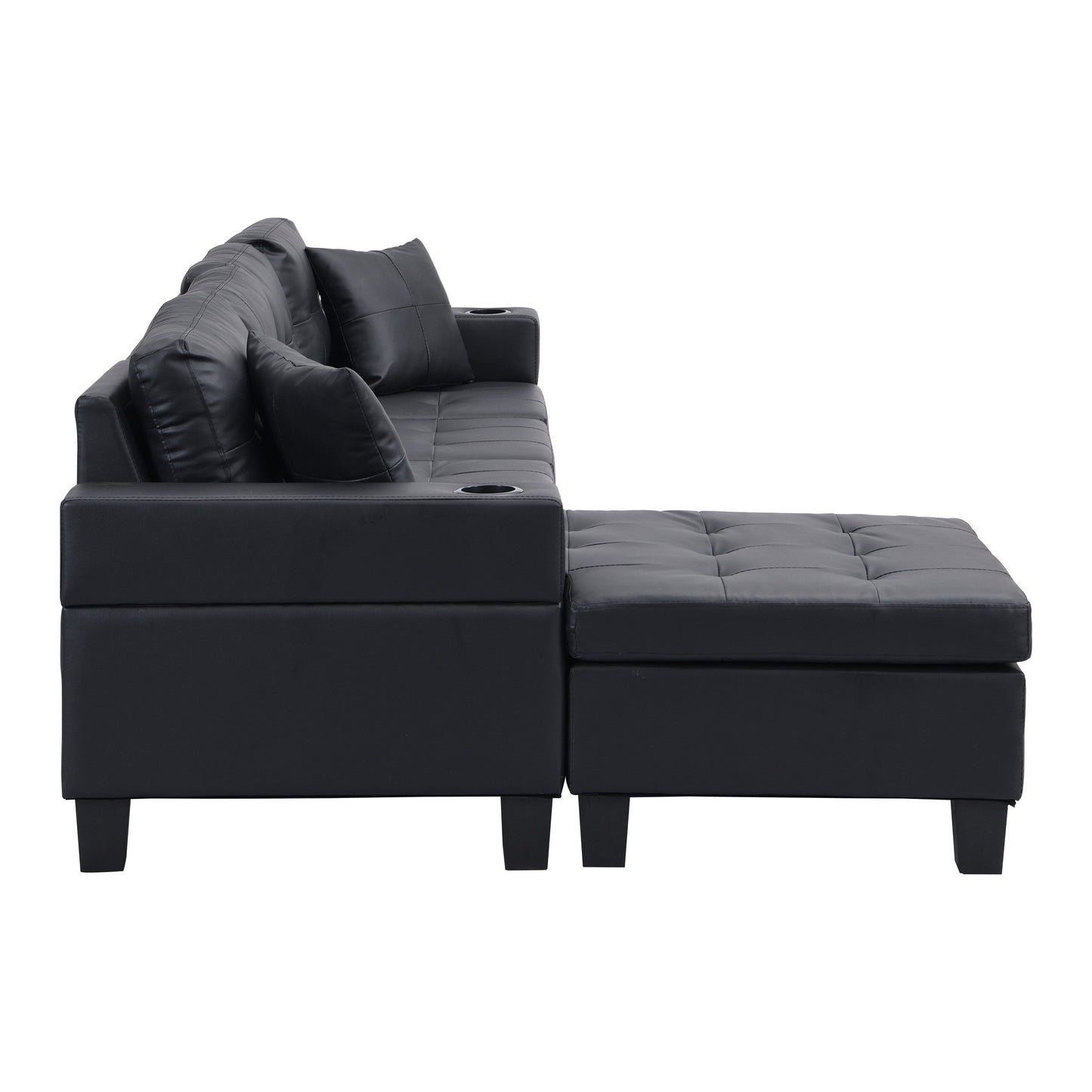 Sectional Sofa Set for Living Room with L Shape Chaise Lounge ,cup holder and Left or Right Hand Chaise Modern 4 Seat (BLACK)