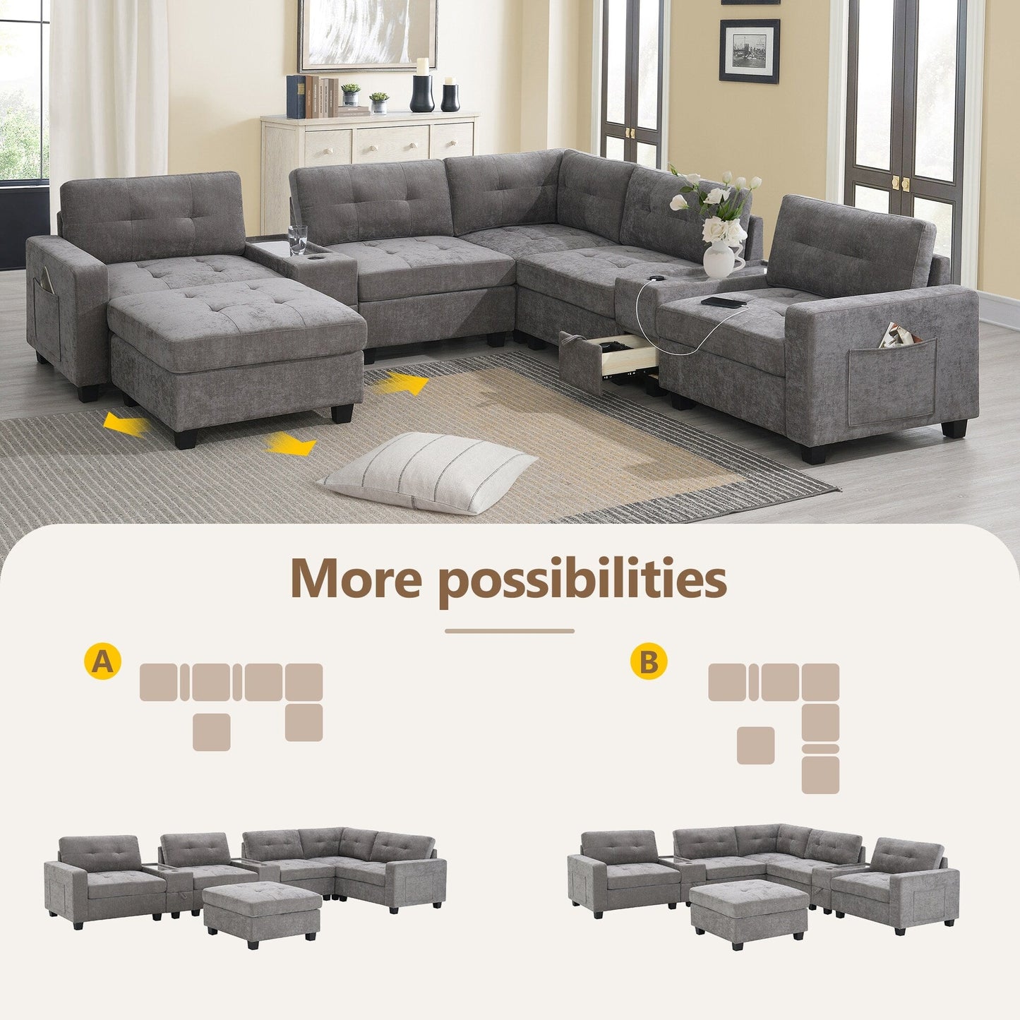 Sectional Sofa With Table Top,Chenille U Shaped Couch Set With 2 Consoles,Usb Charger,Storage Drawers And Pockets,Ottoman