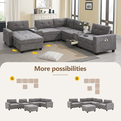 Sectional Sofa With Table Top,Chenille U Shaped Couch Set With 2 Consoles,Usb Charger,Storage Drawers And Pockets,Ottoman