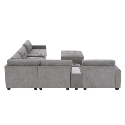 Sectional Sofa With Table Top,Chenille U Shaped Couch Set With 2 Consoles,Usb Charger,Storage Drawers And Pockets,Ottoman