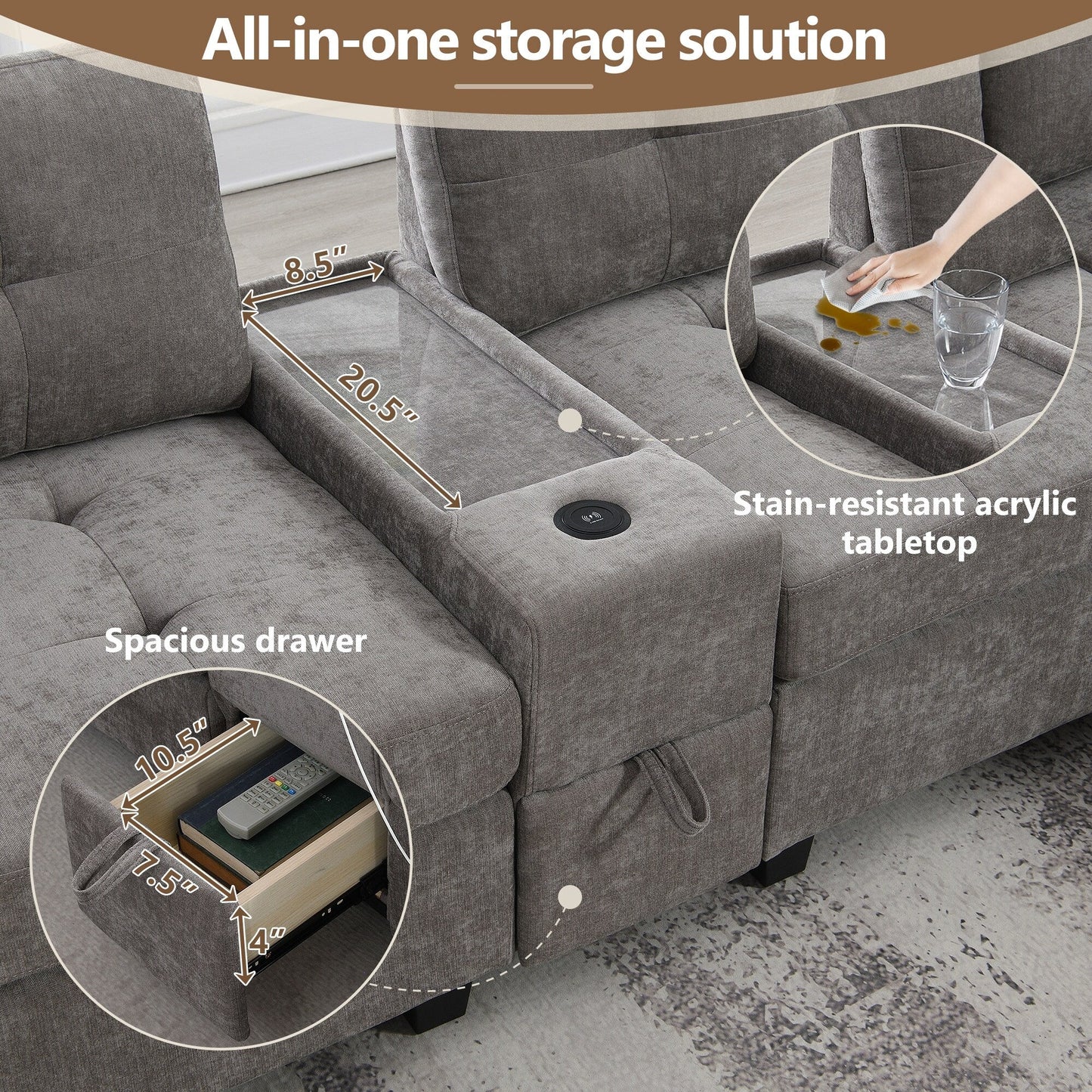 Sectional Sofa With Table Top,Chenille U Shaped Couch Set With 2 Consoles,Usb Charger,Storage Drawers And Pockets,Ottoman