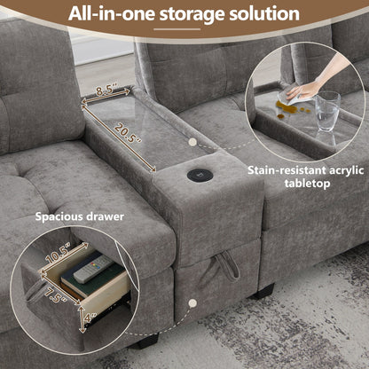 Sectional Sofa With Table Top,Chenille U Shaped Couch Set With 2 Consoles,Usb Charger,Storage Drawers And Pockets,Ottoman