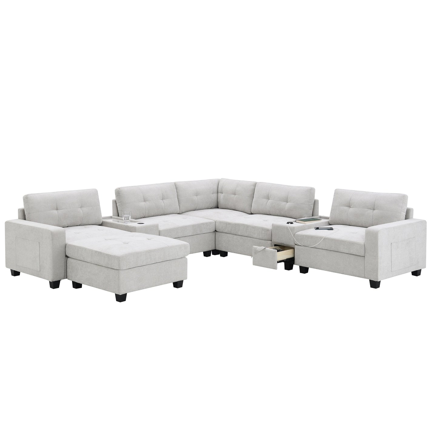 Sectional Sofa With Table Top,Chenille U Shaped Couch Set With 2 Consoles,Usb Charger,Storage Drawers And Pockets,Ottoman