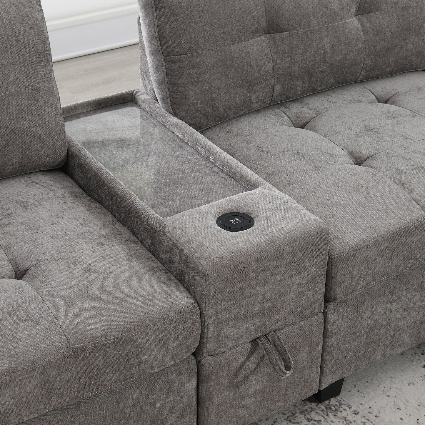 Sectional Sofa With Table Top,Chenille U Shaped Couch Set With 2 Consoles,Usb Charger,Storage Drawers And Pockets,Ottoman