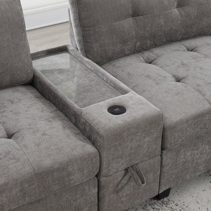 Sectional Sofa With Table Top,Chenille U Shaped Couch Set With 2 Consoles,Usb Charger,Storage Drawers And Pockets,Ottoman