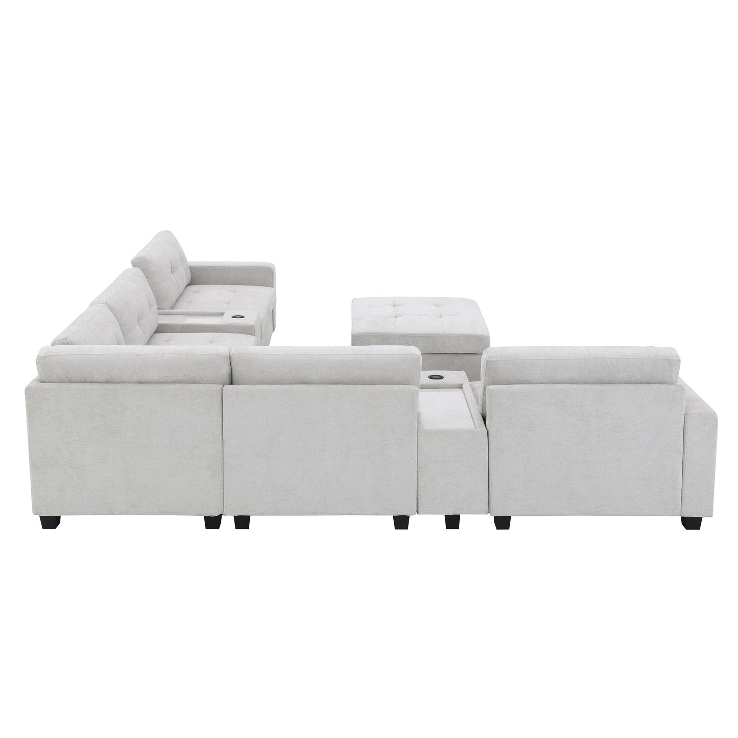 Sectional Sofa With Table Top,Chenille U Shaped Couch Set With 2 Consoles,Usb Charger,Storage Drawers And Pockets,Ottoman
