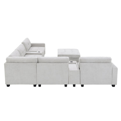 Sectional Sofa With Table Top,Chenille U Shaped Couch Set With 2 Consoles,Usb Charger,Storage Drawers And Pockets,Ottoman