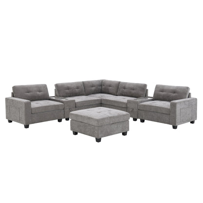 Sectional Sofa With Table Top,Chenille U Shaped Couch Set With 2 Consoles,Usb Charger,Storage Drawers And Pockets,Ottoman