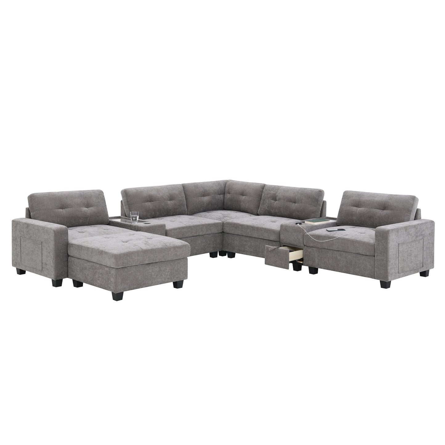 Sectional Sofa With Table Top,Chenille U Shaped Couch Set With 2 Consoles,Usb Charger,Storage Drawers And Pockets,Ottoman