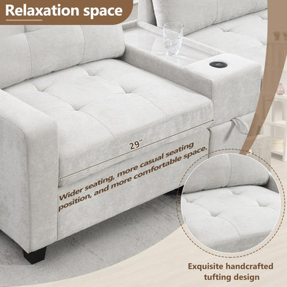 Sectional Sofa With Table Top,Chenille U Shaped Couch Set With 2 Consoles,Usb Charger,Storage Drawers And Pockets,Ottoman