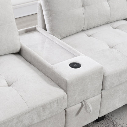 Sectional Sofa With Table Top,Chenille U Shaped Couch Set With 2 Consoles,Usb Charger,Storage Drawers And Pockets,Ottoman