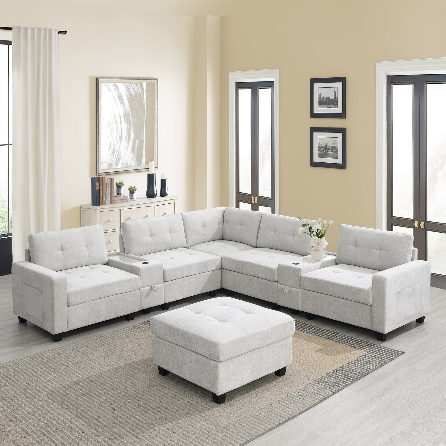 Sectional Sofa With Table Top,Chenille U Shaped Couch Set With 2 Consoles,Usb Charger,Storage Drawers And Pockets,Ottoman