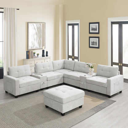 Sectional Sofa With Table Top,Chenille U Shaped Couch Set With 2 Consoles,Usb Charger,Storage Drawers And Pockets,Ottoman