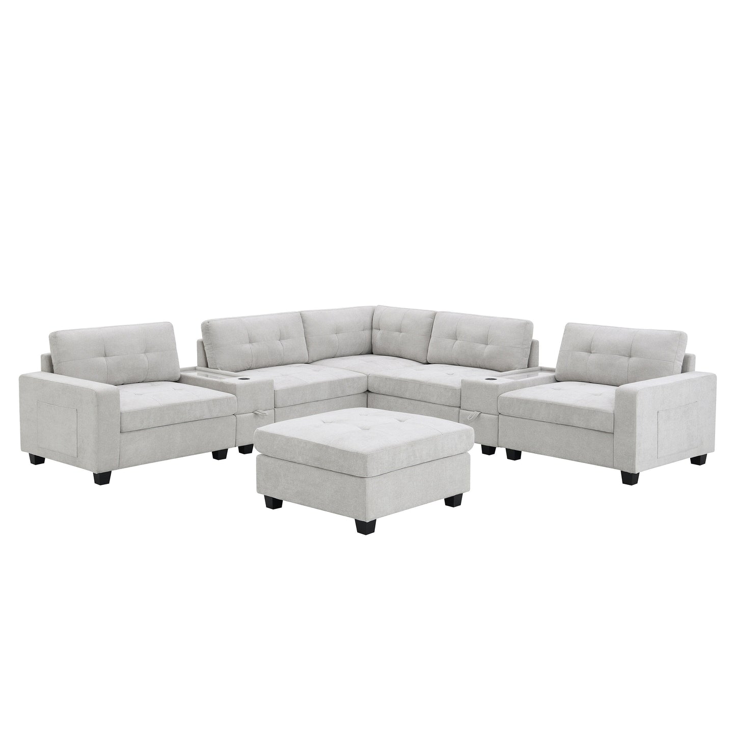 Sectional Sofa With Table Top,Chenille U Shaped Couch Set With 2 Consoles,Usb Charger,Storage Drawers And Pockets,Ottoman