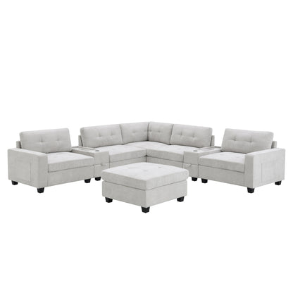 Sectional Sofa With Table Top,Chenille U Shaped Couch Set With 2 Consoles,Usb Charger,Storage Drawers And Pockets,Ottoman