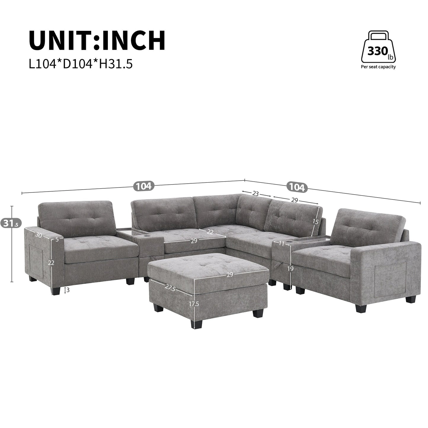 Sectional Sofa With Table Top,Chenille U Shaped Couch Set With 2 Consoles,Usb Charger,Storage Drawers And Pockets,Ottoman