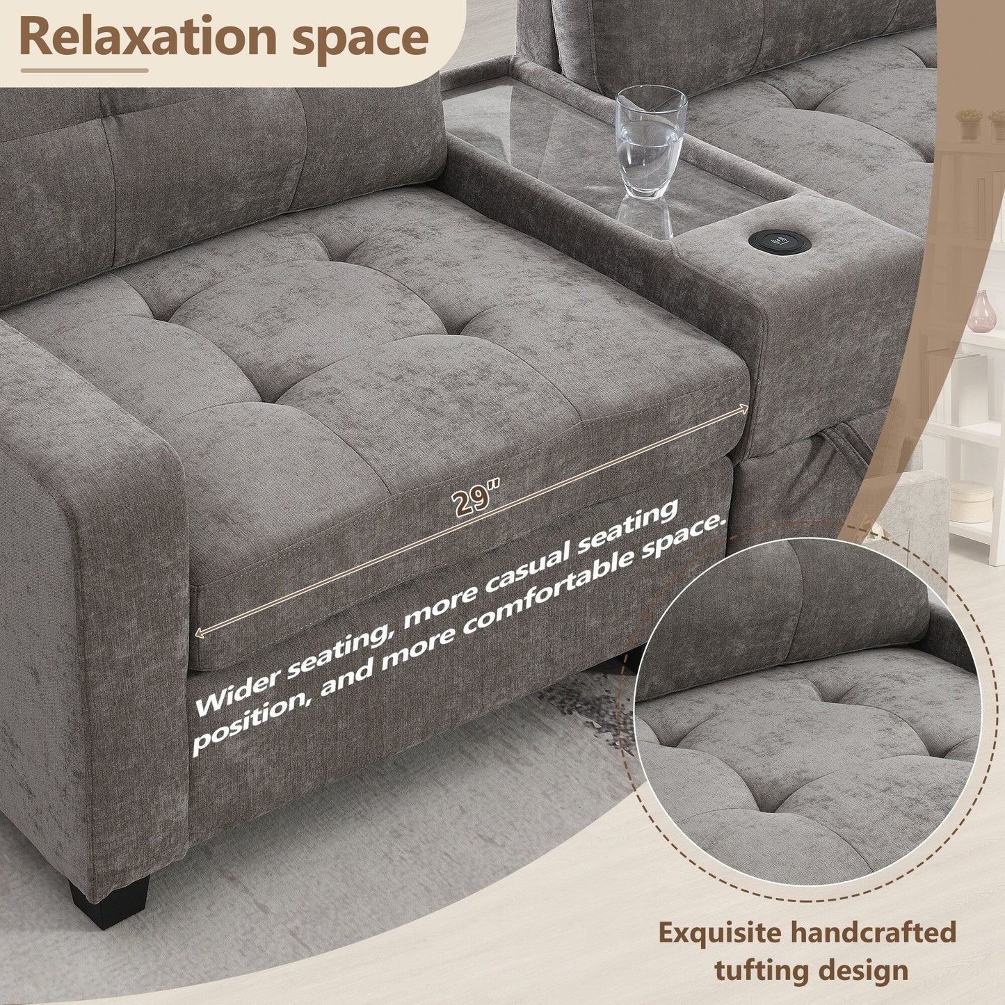 Sectional Sofa With Table Top,Chenille U Shaped Couch Set With 2 Consoles,Usb Charger,Storage Drawers And Pockets,Ottoman