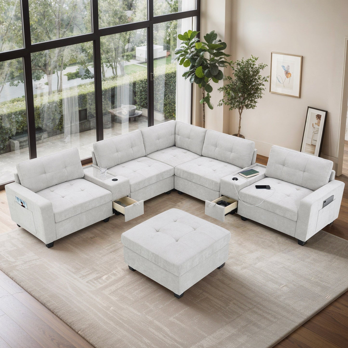 Sectional Sofa With Table Top,Chenille U Shaped Couch Set With 2 Consoles,Usb Charger,Storage Drawers And Pockets,Ottoman