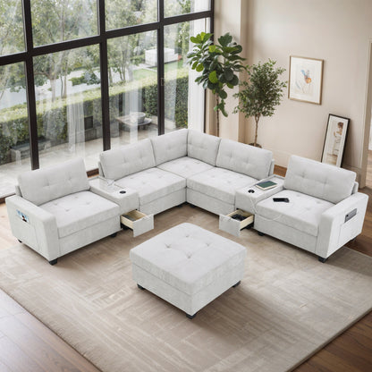 Sectional Sofa With Table Top,Chenille U Shaped Couch Set With 2 Consoles,Usb Charger,Storage Drawers And Pockets,Ottoman