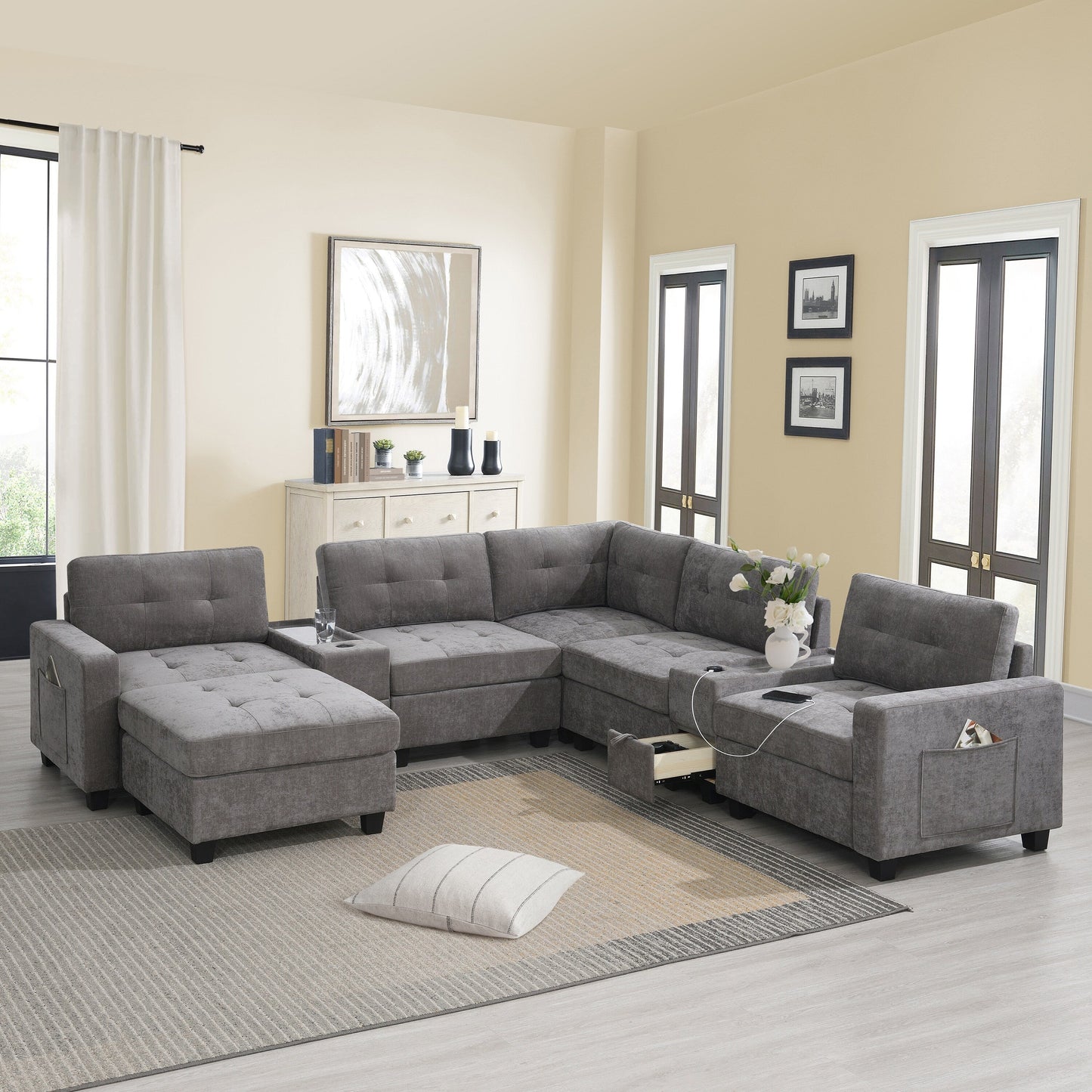 Sectional Sofa With Table Top,Chenille U Shaped Couch Set With 2 Consoles,Usb Charger,Storage Drawers And Pockets,Ottoman