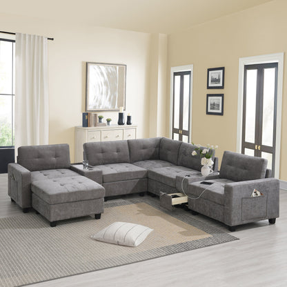 Sectional Sofa With Table Top,Chenille U Shaped Couch Set With 2 Consoles,Usb Charger,Storage Drawers And Pockets,Ottoman