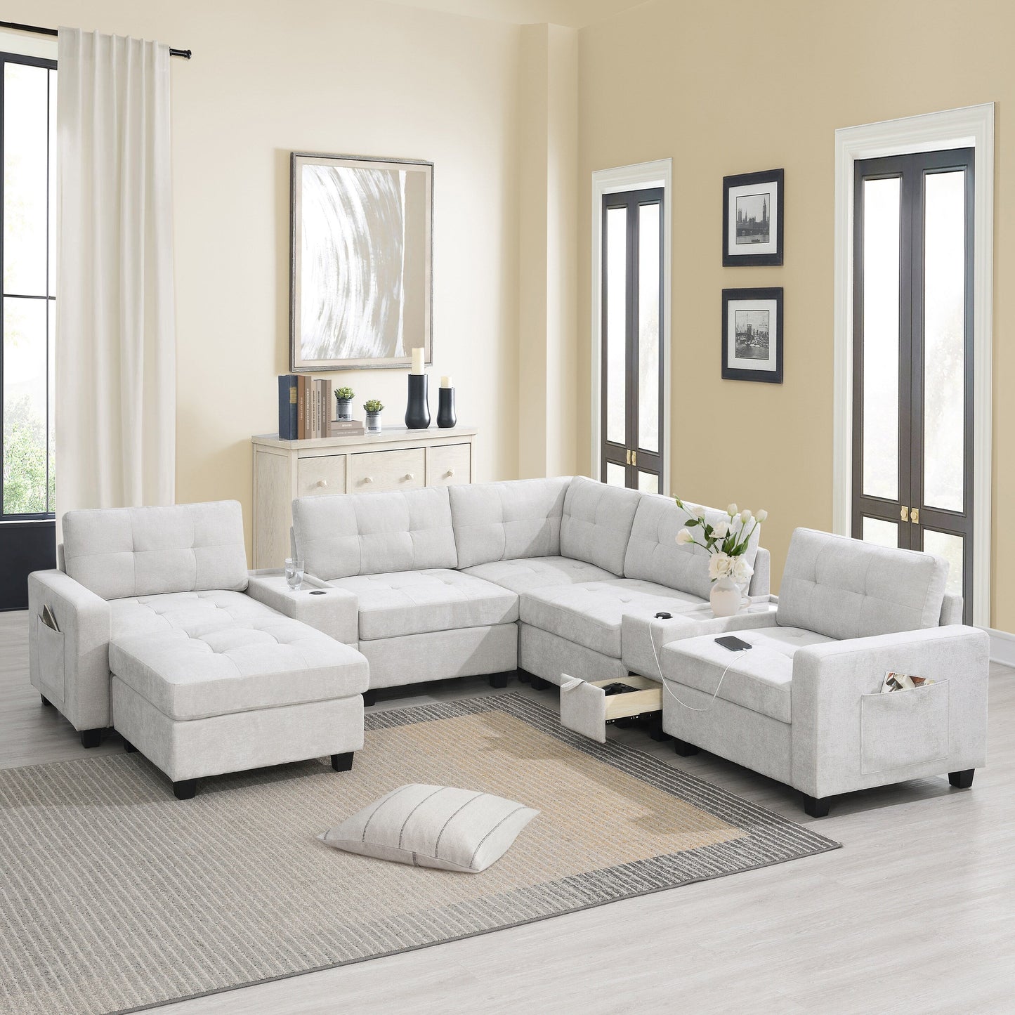 Sectional Sofa With Table Top,Chenille U Shaped Couch Set With 2 Consoles,Usb Charger,Storage Drawers And Pockets,Ottoman