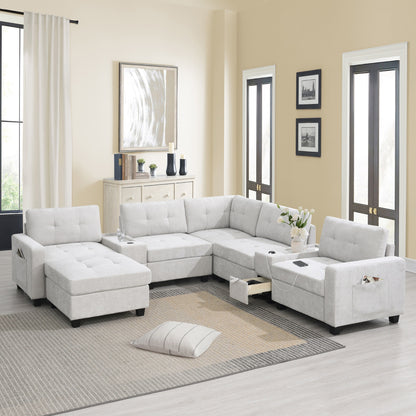 Sectional Sofa With Table Top,Chenille U Shaped Couch Set With 2 Consoles,Usb Charger,Storage Drawers And Pockets,Ottoman