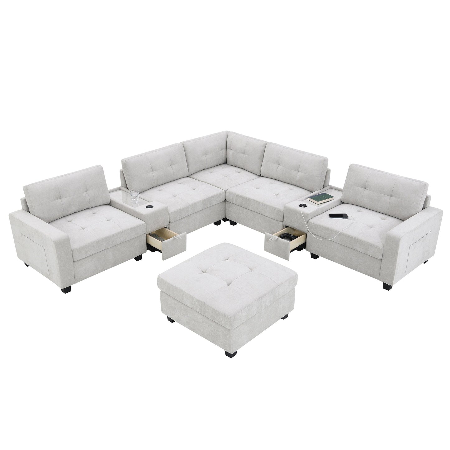 Sectional Sofa With Table Top,Chenille U Shaped Couch Set With 2 Consoles,Usb Charger,Storage Drawers And Pockets,Ottoman