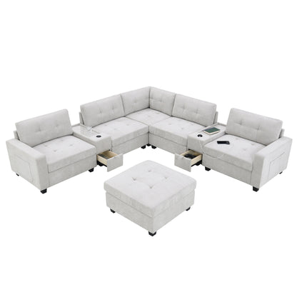 Sectional Sofa With Table Top,Chenille U Shaped Couch Set With 2 Consoles,Usb Charger,Storage Drawers And Pockets,Ottoman