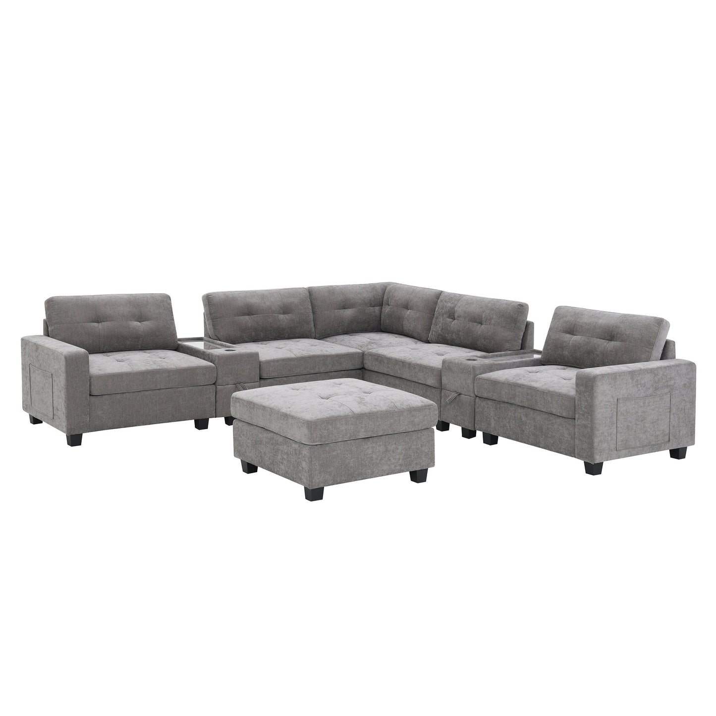Sectional Sofa With Table Top,Chenille U Shaped Couch Set With 2 Consoles,Usb Charger,Storage Drawers And Pockets,Ottoman