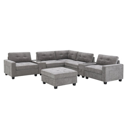 Sectional Sofa With Table Top,Chenille U Shaped Couch Set With 2 Consoles,Usb Charger,Storage Drawers And Pockets,Ottoman
