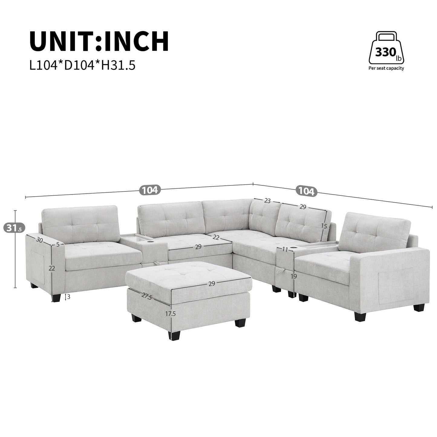Sectional Sofa With Table Top,Chenille U Shaped Couch Set With 2 Consoles,Usb Charger,Storage Drawers And Pockets,Ottoman