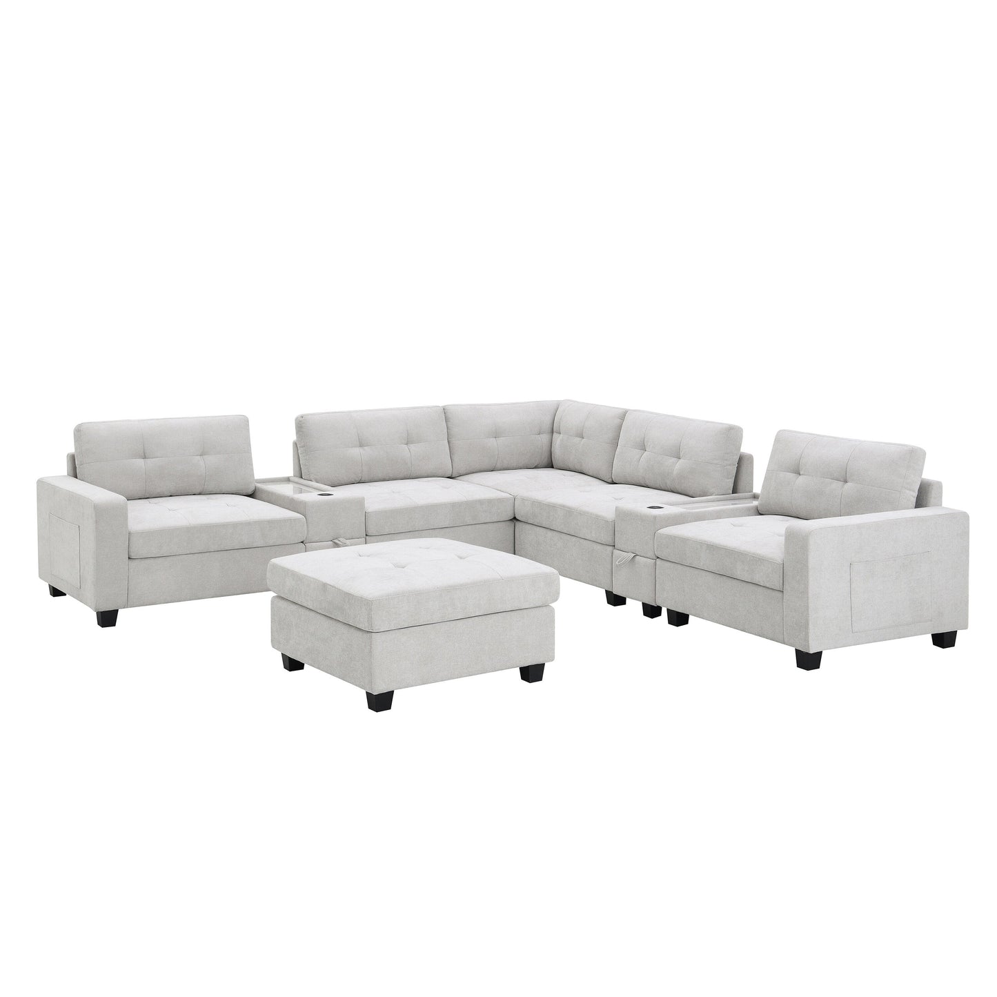 Sectional Sofa With Table Top,Chenille U Shaped Couch Set With 2 Consoles,Usb Charger,Storage Drawers And Pockets,Ottoman