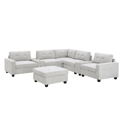 Sectional Sofa With Table Top,Chenille U Shaped Couch Set With 2 Consoles,Usb Charger,Storage Drawers And Pockets,Ottoman